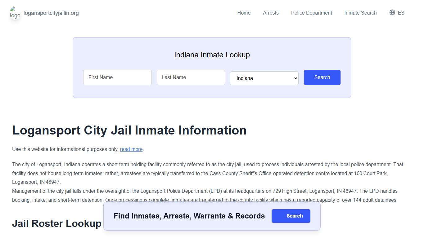 Logansport Jail, IN Inmate Roster, Municipal Jail Info
